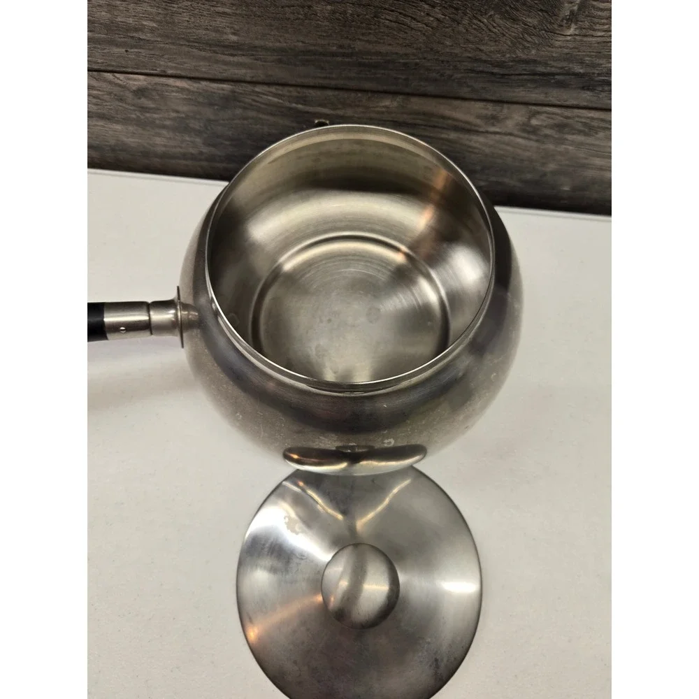 Vintage MCM Stainless Steel Fondue Pot with Lid Black Handle Mid Century Modern